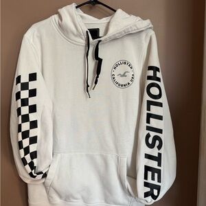 Hollister White Crewneck Hoodie with Black Logo and Sleeve Graphics